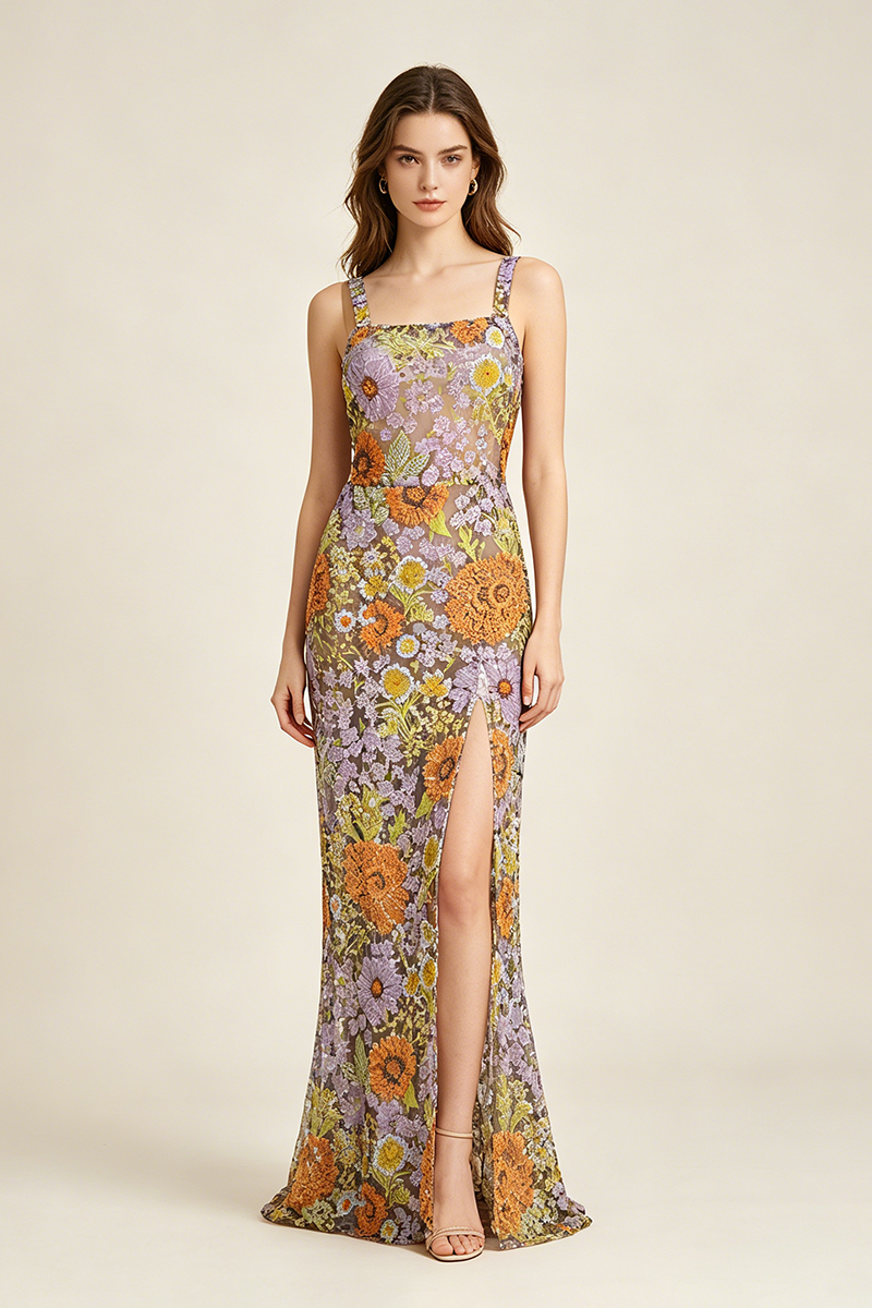 Strappy Seqiun Floral-embroidered Maxi Dress in Multi