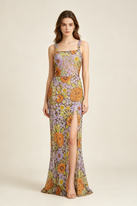 Strappy Seqiun Floral-embroidered Maxi Dress in Multi