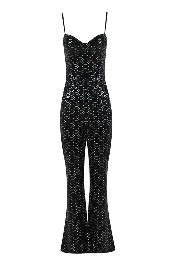 Crystal Strappy Sequin Purple Jumpsuit in Black