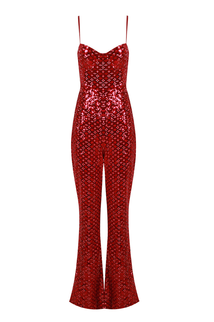 Crystal Strappy Sequin Jumpsuit in Burgundy