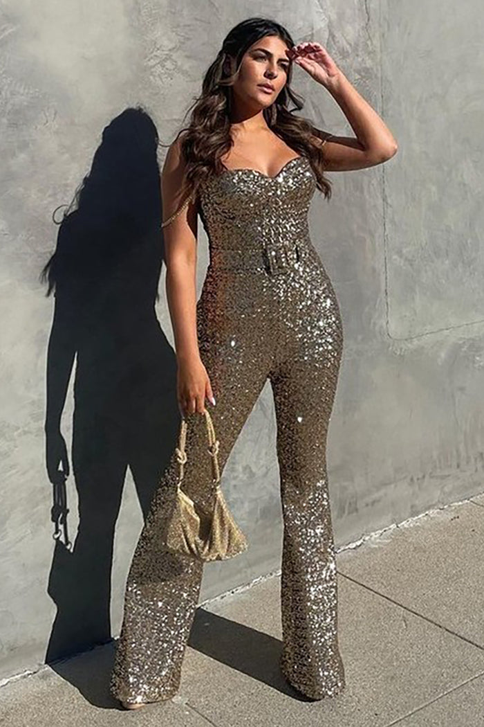 Crystal Strappy Sequin Jumpsuit in Gold