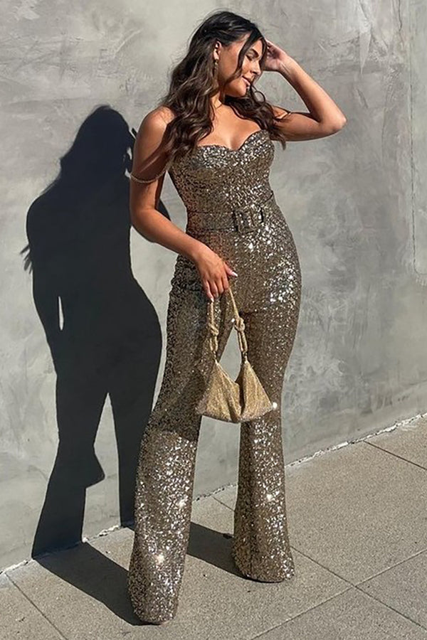 Crystal Strappy Sequin Jumpsuit in Gold