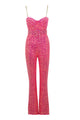 Crystal Strappy Sequin Jumpsuit in Rose Red