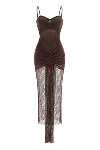Strappy Tie Drape Lace Maxi Dress in Brown