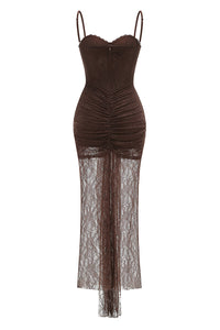 Strappy Tie Drape Lace Maxi Dress in Brown