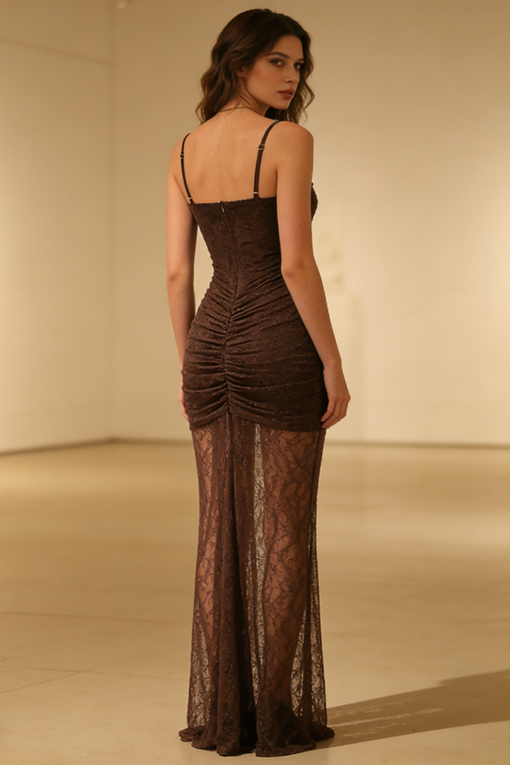Strappy Tie Drape Lace Maxi Dress in Brown