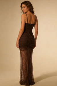 Strappy Tie Drape Lace Maxi Dress in Brown