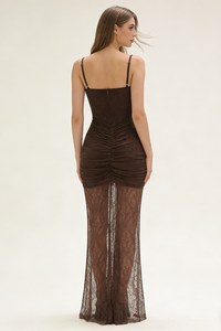 Strappy Tie Drape Lace Maxi Dress in Brown