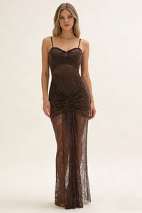 Strappy Tie Drape Lace Maxi Dress in Brown