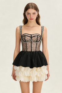 Strappy Crystal Beaded Detail Ruffle Dress