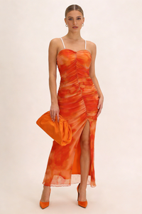 Strappy Ruched Mesh Maxi Dress