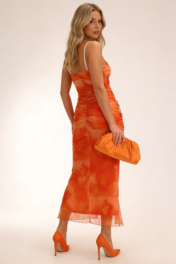 Strappy Ruched Mesh Maxi Dress