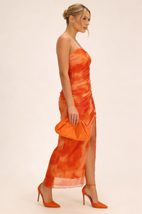 Strappy Ruched Mesh Maxi Dress