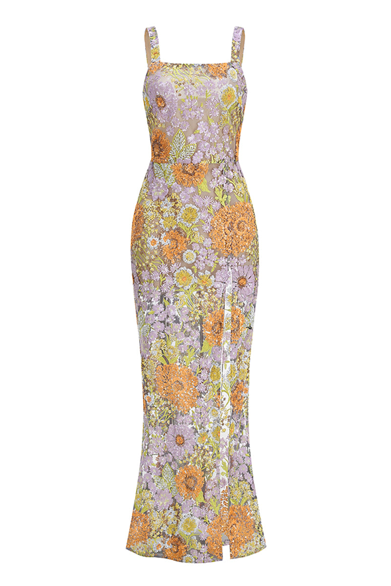 Strappy Seqiun Floral-embroidered Maxi Dress in Multi