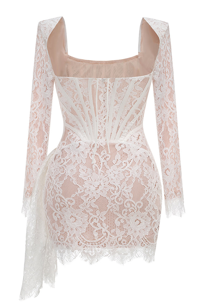 Sweetheart Long Sleeve Lace Mini Dress in White