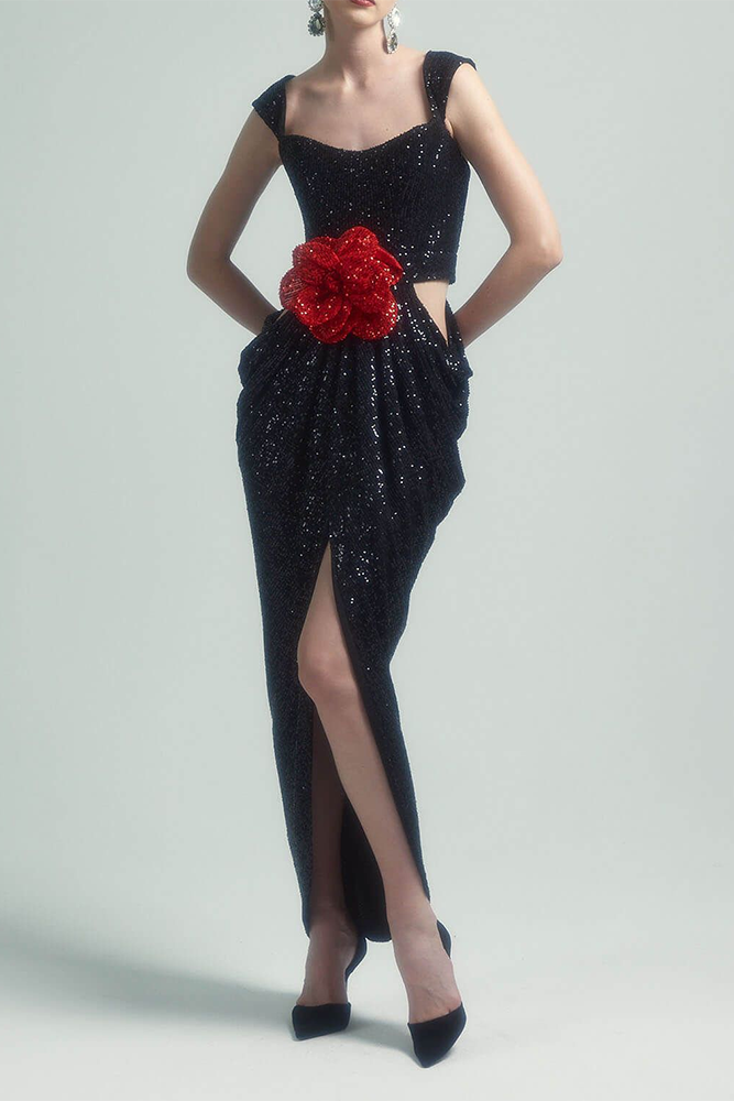 Sweetheart Sequin Flower Cut Out Gown