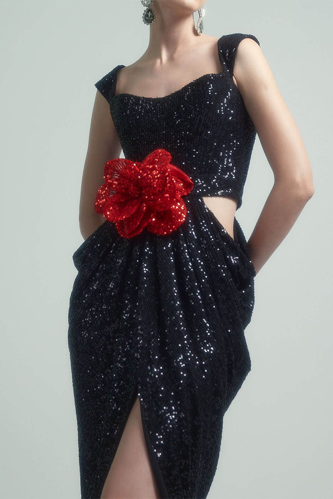 Sweetheart Sequin Flower Cut Out Gown