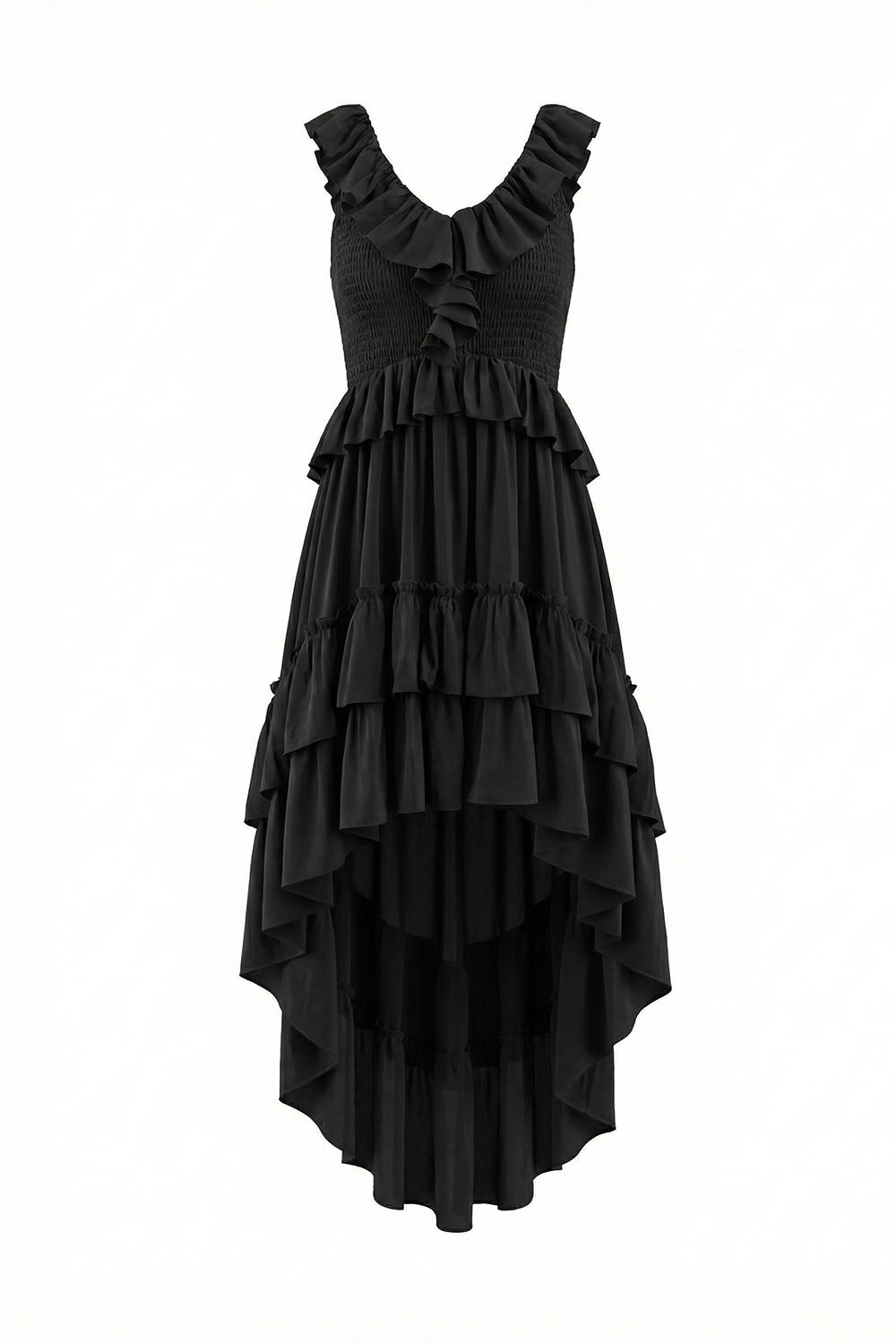 Tiered High-Low Ruffle Maxi Dress