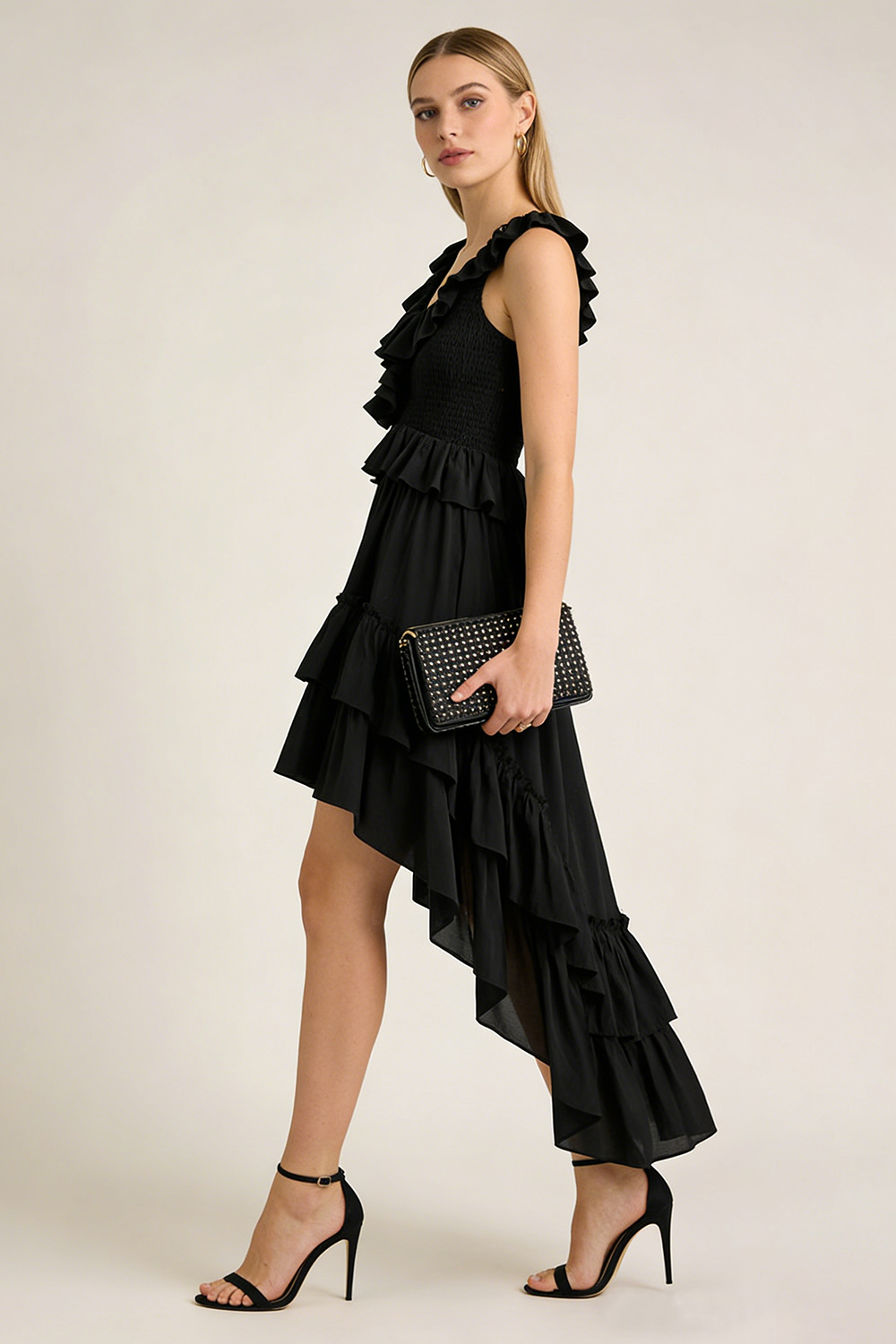 Tiered High-Low Ruffle Maxi Dress