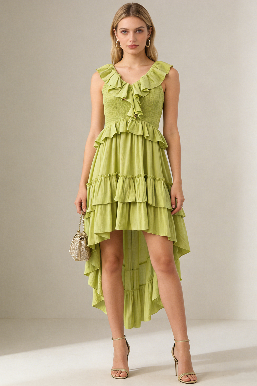 Tiered High-Low Ruffle Maxi Dress in Green