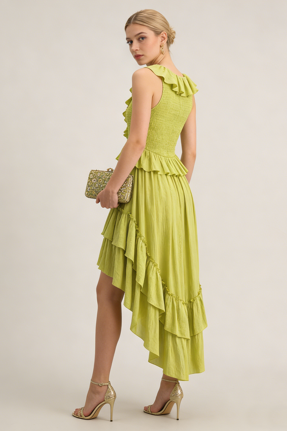 Tiered High-Low Ruffle Maxi Dress in Green