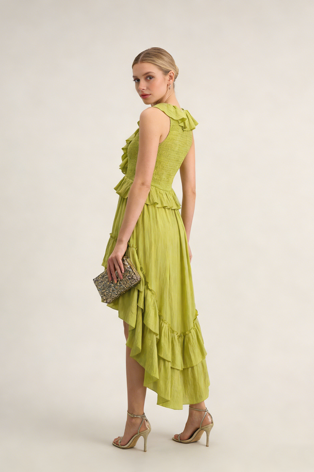 Tiered High-Low Ruffle Maxi Dress in Green