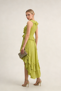 Tiered High-Low Ruffle Maxi Dress in Green