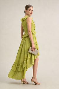 Tiered High-Low Ruffle Maxi Dress in Green