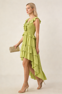 Tiered High-Low Ruffle Maxi Dress in Green
