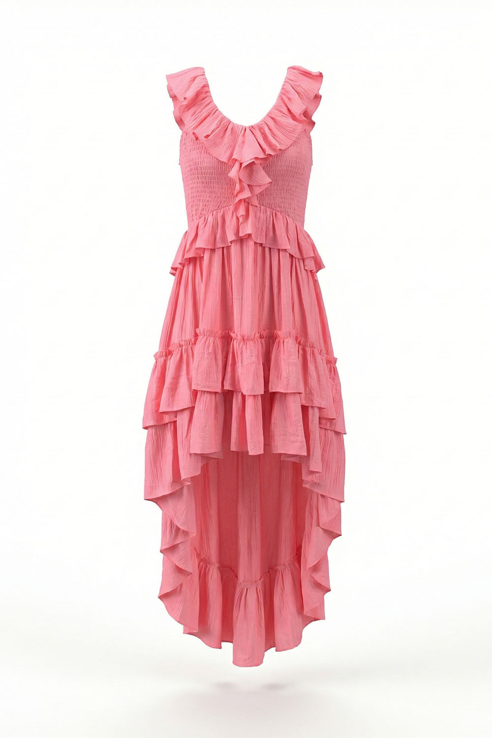 Tiered High-Low Ruffle Maxi Dress in Pink