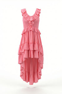 Tiered High-Low Ruffle Maxi Dress in Pink
