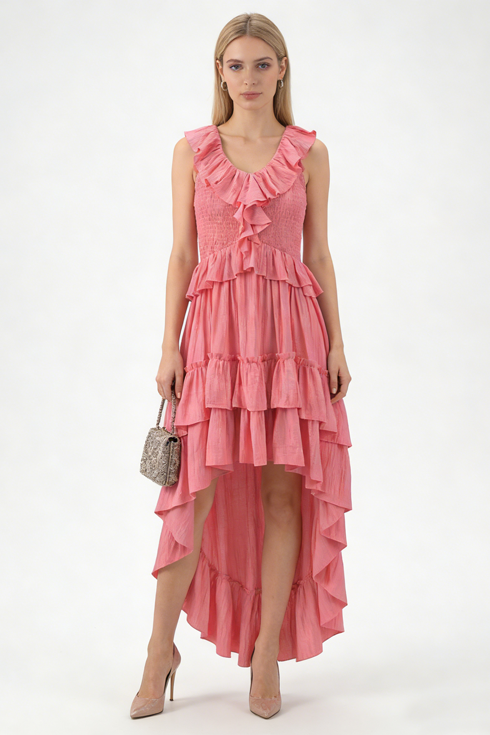 Tiered High-Low Ruffle Maxi Dress in Pink
