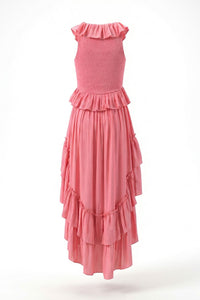Tiered High-Low Ruffle Maxi Dress in Pink