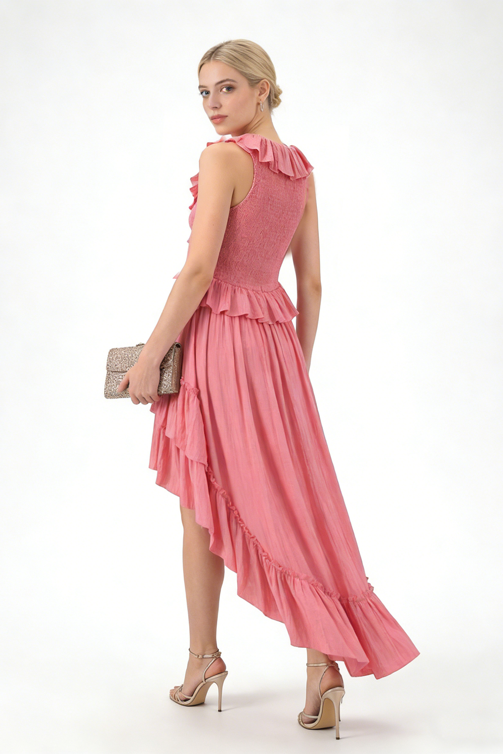 Tiered High-Low Ruffle Maxi Dress in Pink
