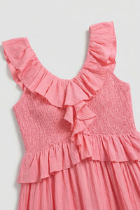 Tiered High-Low Ruffle Maxi Dress in Pink