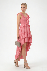 Tiered High-Low Ruffle Maxi Dress in Pink