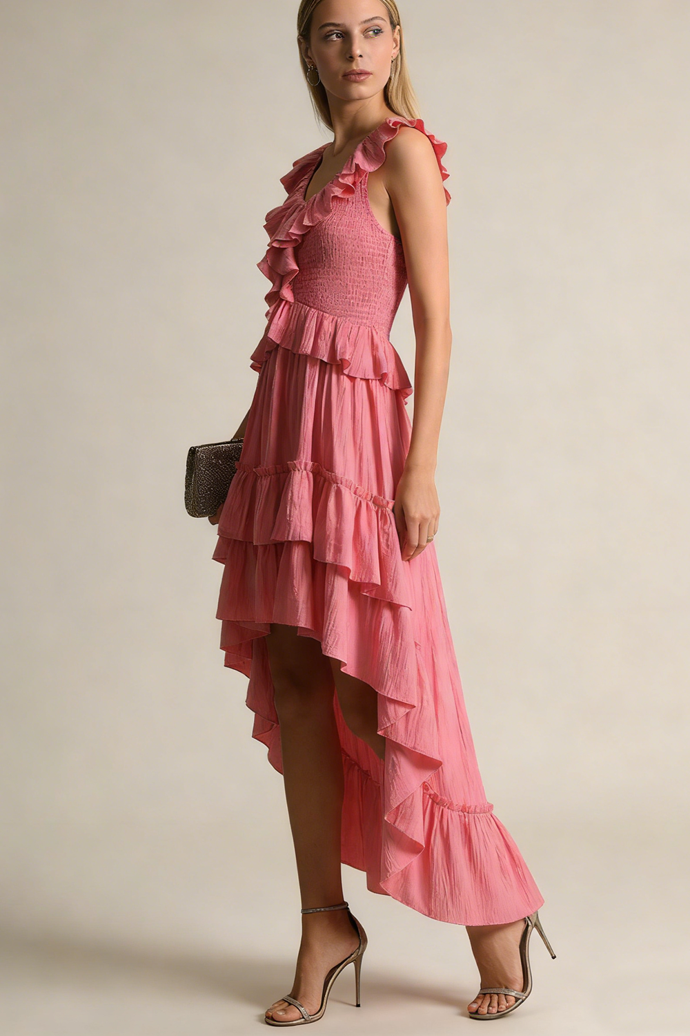 Tiered High-Low Ruffle Maxi Dress in Pink