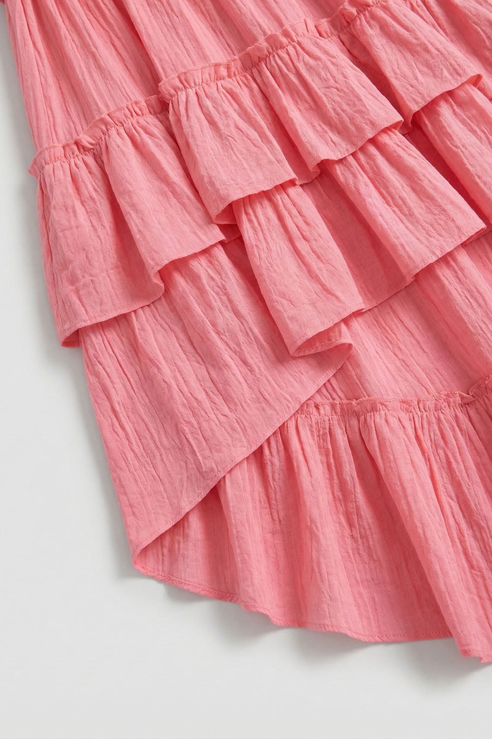 Tiered High-Low Ruffle Maxi Dress in Pink