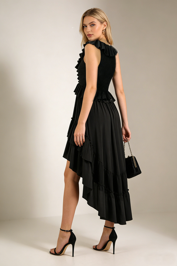 Tiered High-Low Ruffle Maxi Dress