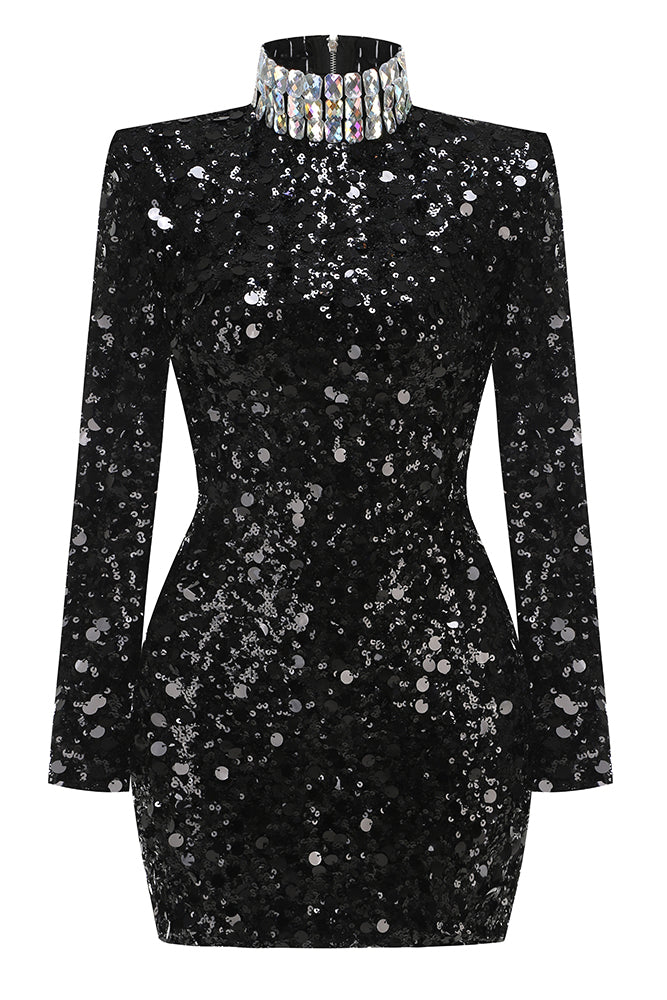 Turtle Rhinestone Sequin Embroidered Dress in Black