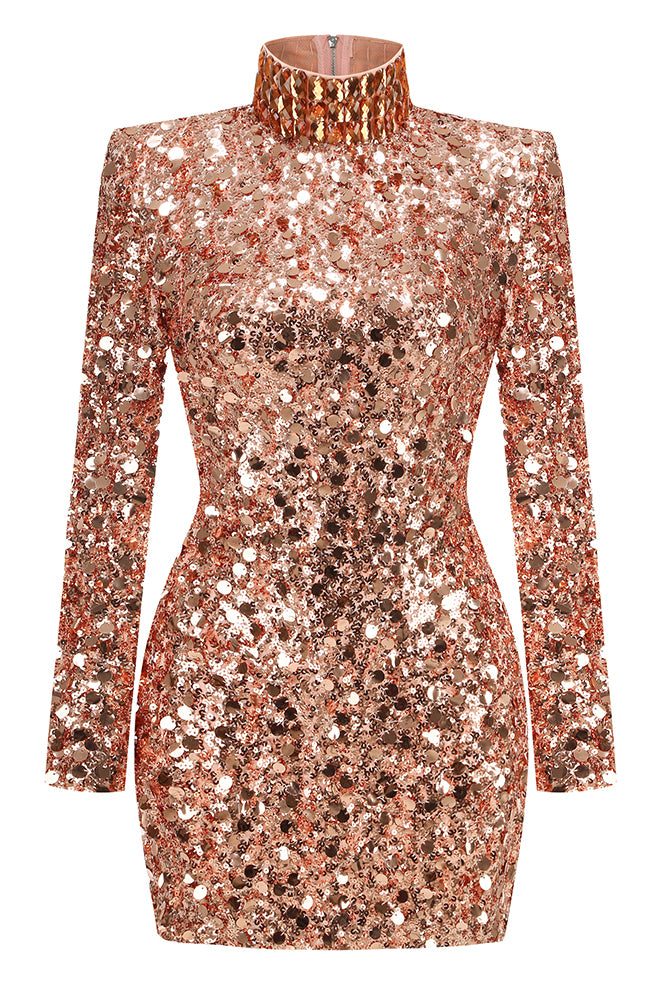 Turtle Rhinestone Sequin Embroidered Dress in Gold