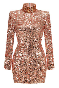 Turtle Rhinestone Sequin Embroidered Dress in Gold