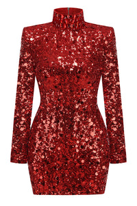 Turtle Rhinestone Sequin Embroidered Dress in Red