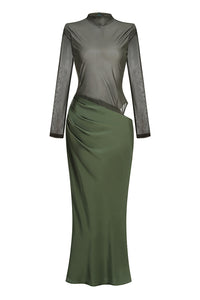 Turtleneck Cut-Out Drape Maxi Dress in Olive