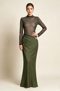 Turtleneck Cut-Out Drape Maxi Dress in Olive