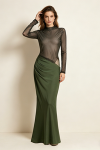 Turtleneck Cut-Out Drape Maxi Dress in Olive
