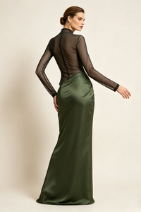Turtleneck Cut-Out Drape Maxi Dress in Olive