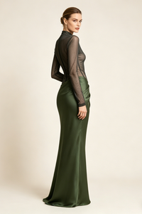 Turtleneck Cut-Out Drape Maxi Dress in Olive