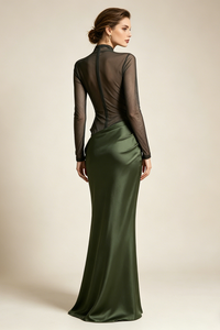 Turtleneck Cut-Out Drape Maxi Dress in Olive