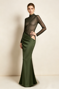 Turtleneck Cut-Out Drape Maxi Dress in Olive